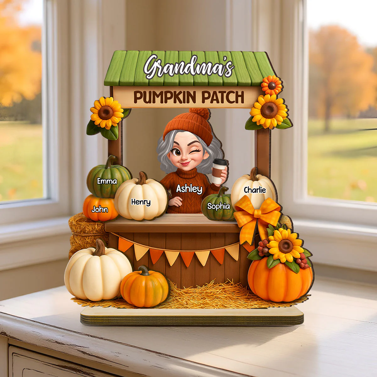 Grandma Mom Fall Season Pumpkin Stand 3D Effect Personalized Wooden Plaque - Image 5