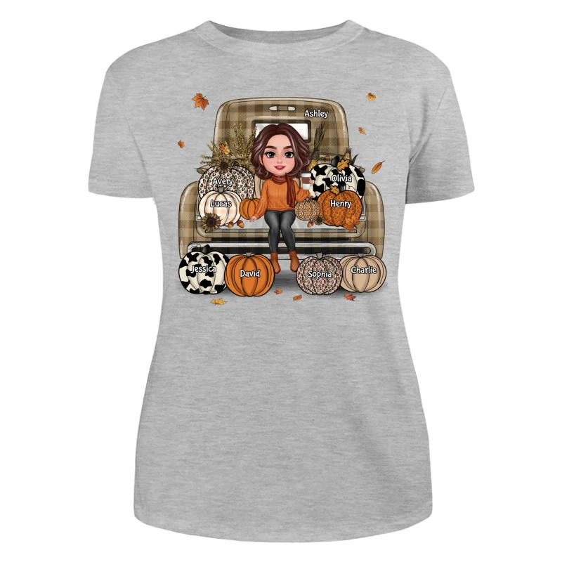 Grandma Mom Fall Season Sitting On Leopard Truck Pumpkins Personalized Shirt - Image 10