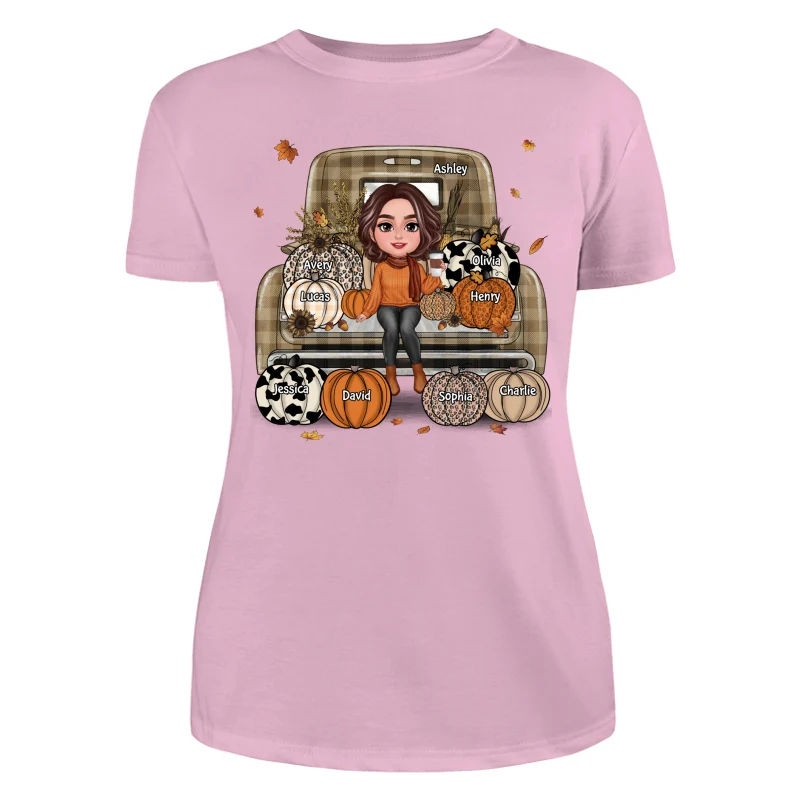 Grandma Mom Fall Season Sitting On Leopard Truck Pumpkins Personalized Shirt - Image 11