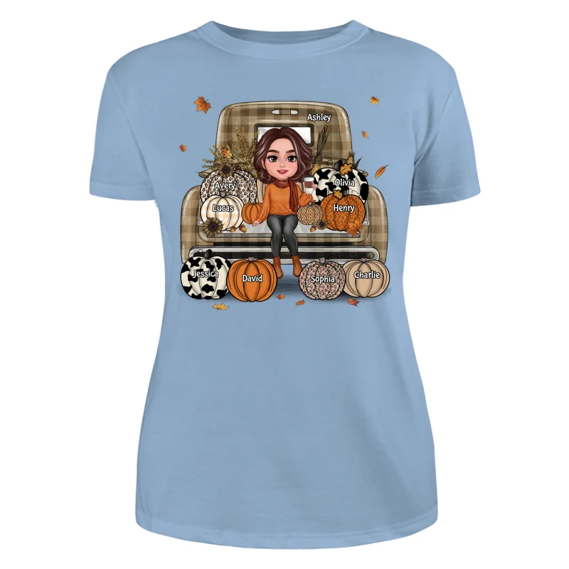 Grandma Mom Fall Season Sitting On Leopard Truck Pumpkins Personalized Shirt - Image 12