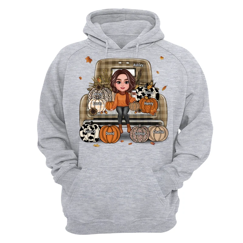 Grandma Mom Fall Season Sitting On Leopard Truck Pumpkins Personalized Shirt - Image 14