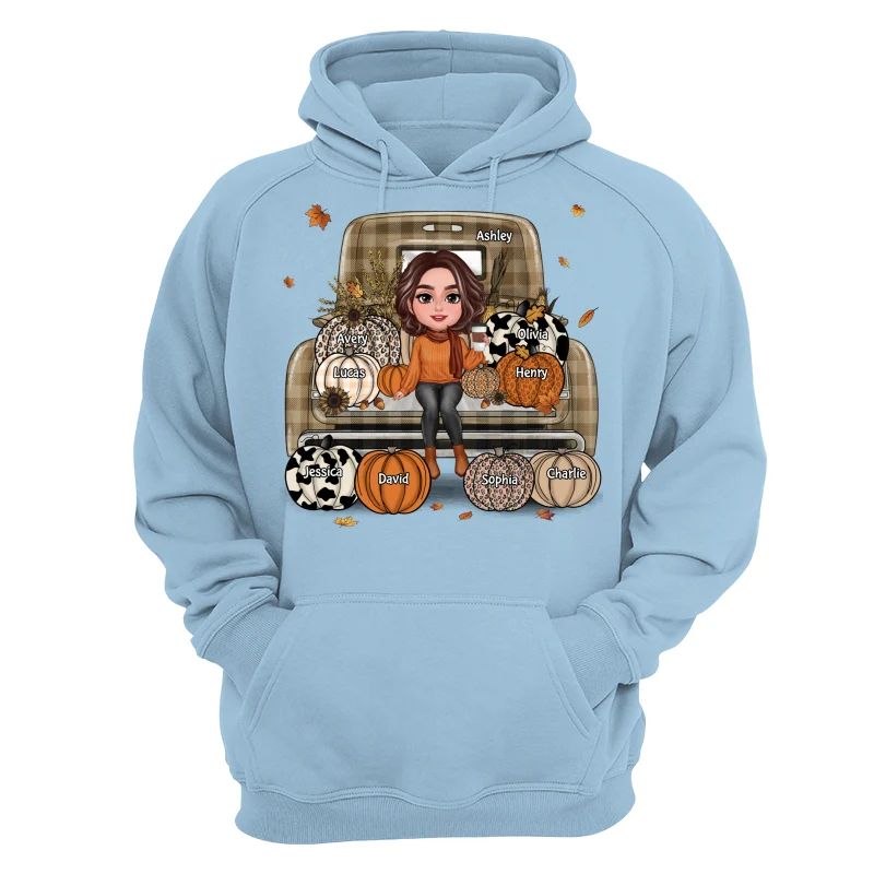 Grandma Mom Fall Season Sitting On Leopard Truck Pumpkins Personalized Shirt - Image 16