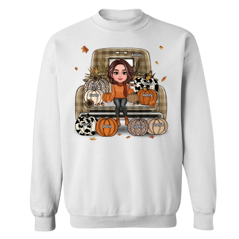 Grandma Mom Fall Season Sitting On Leopard Truck Pumpkins Personalized Shirt - Image 17