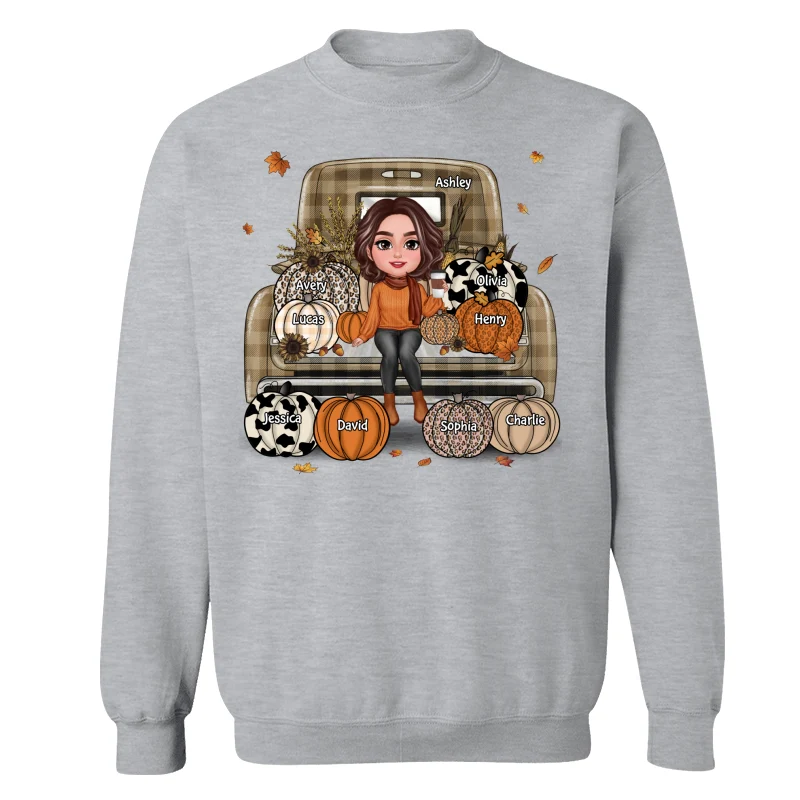 Grandma Mom Fall Season Sitting On Leopard Truck Pumpkins Personalized Shirt - Image 18