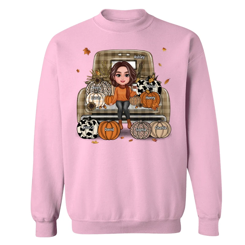 Grandma Mom Fall Season Sitting On Leopard Truck Pumpkins Personalized Shirt - Image 19