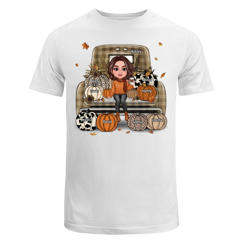 Grandma Mom Fall Season Sitting On Leopard Truck Pumpkins Personalized Shirt - Image 5