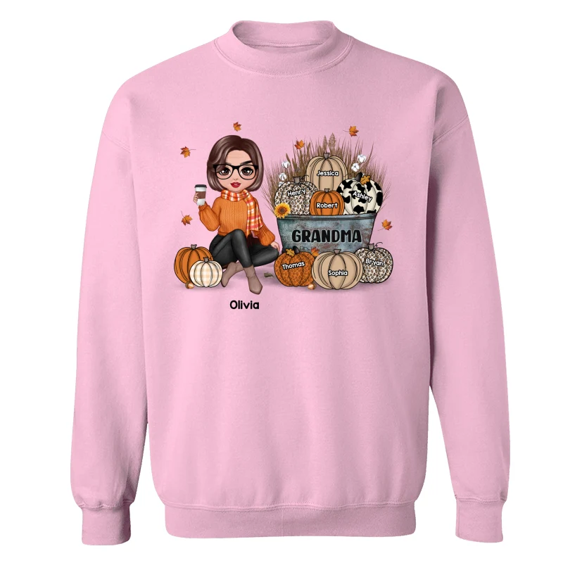 Grandma Mom Fall Season Sitting Pumpkin Bucket Personalized Shirt - Image 19