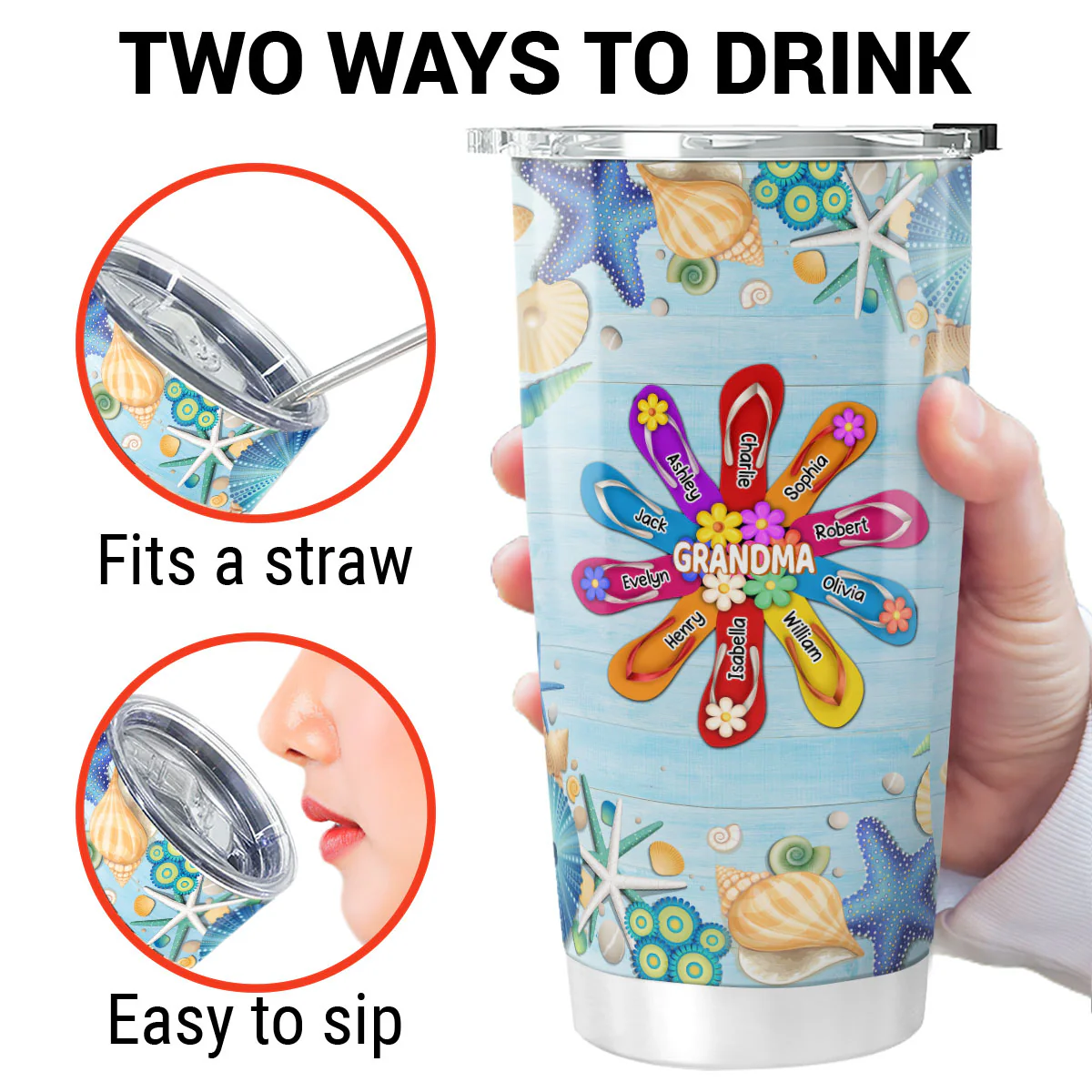 Grandma Mom Flip Flops Flower Summer Personalized Tumbler - Image 3