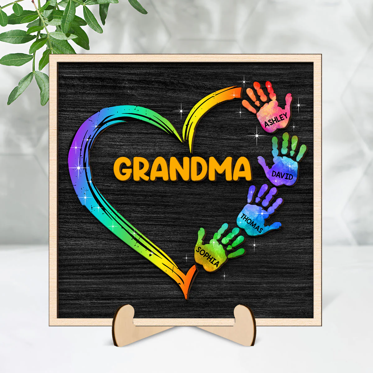 Grandma Mom Galaxy Hand Print Personalized 2-Layer Wooden Plaque - Image 2