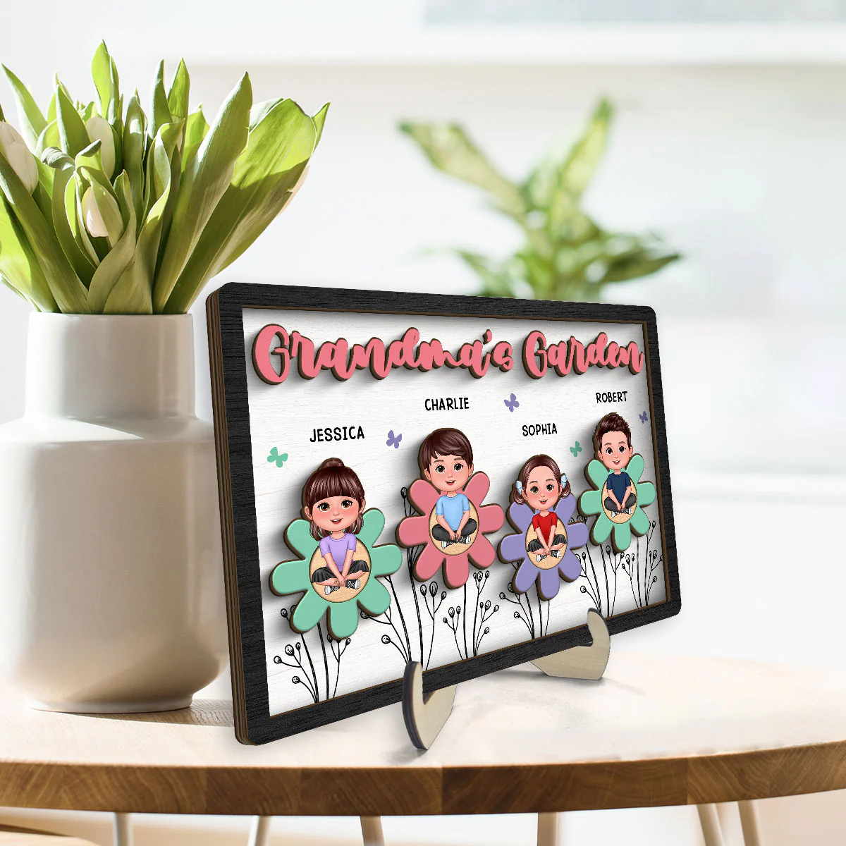 Grandma Mom Garden Crossed Legs Colorful Flowers Personalized 2-layer Wooden Plaque - Image 3