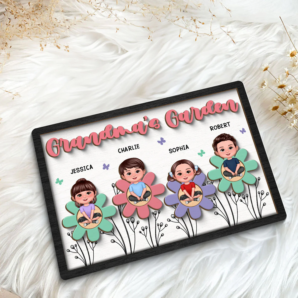 Grandma Mom Garden Crossed Legs Colorful Flowers Personalized 2-layer Wooden Plaque - Image 5