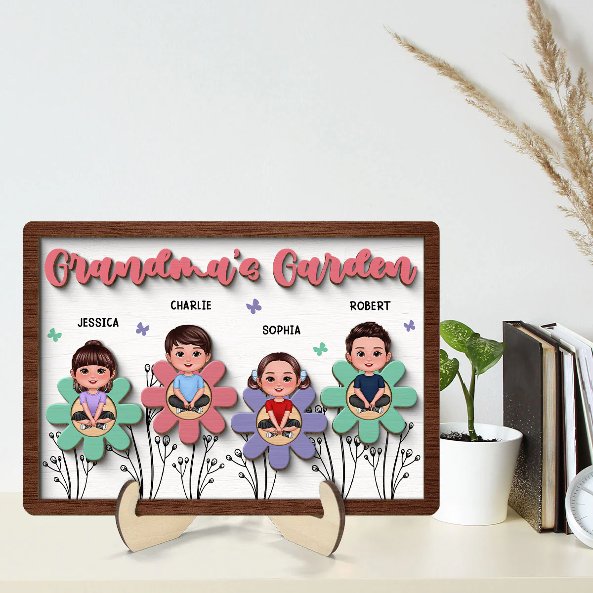 Grandma Mom Garden Crossed Legs Colorful Flowers Personalized 2-layer Wooden Plaque - Image 7