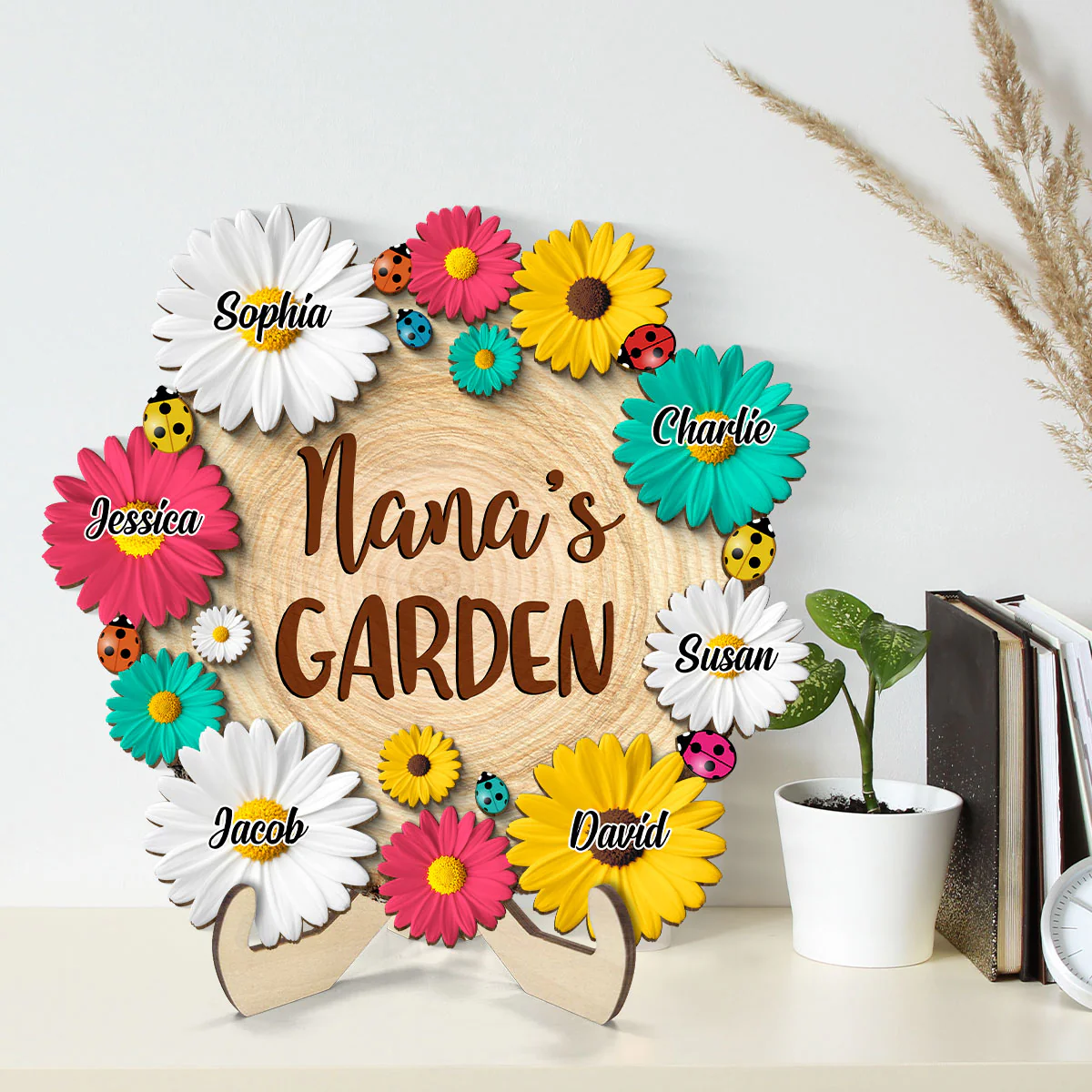 Grandma Mom Garden Flowers Personalized 2-Layer Wooden Plaque - Image 2