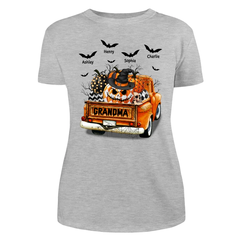 Grandma Mom Halloween Patterned Pumpkins Truck Personalized Shirt - Image 10