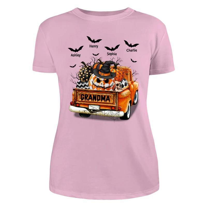 Grandma Mom Halloween Patterned Pumpkins Truck Personalized Shirt - Image 11