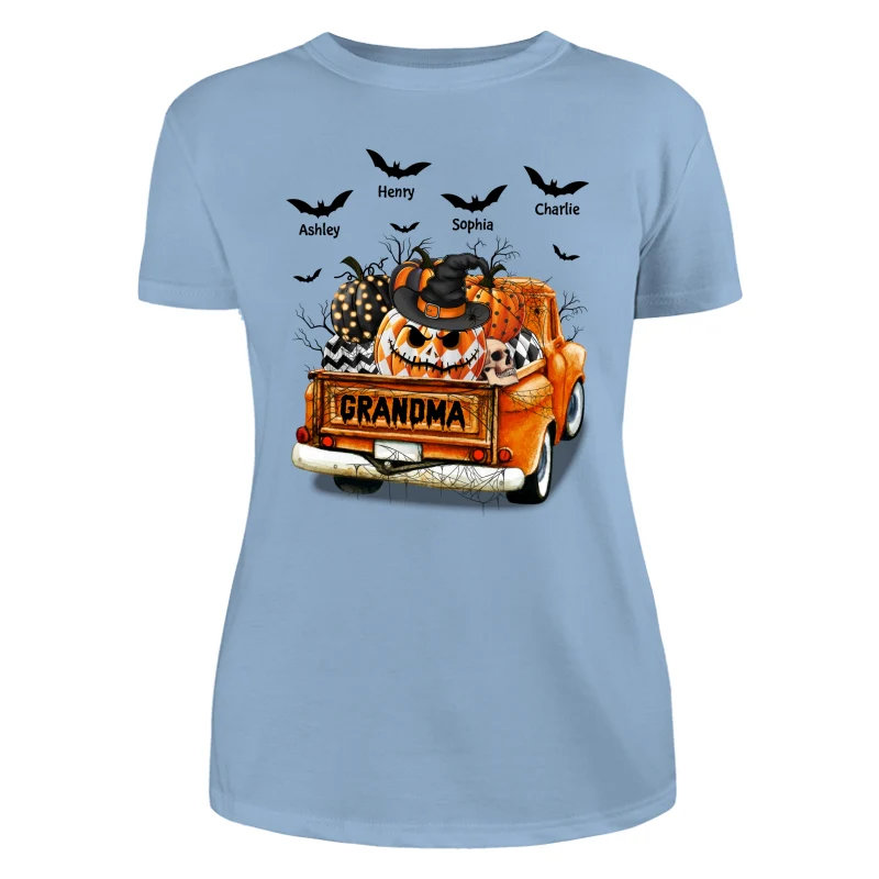 Grandma Mom Halloween Patterned Pumpkins Truck Personalized Shirt - Image 12