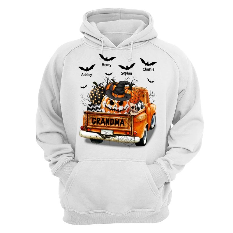 Grandma Mom Halloween Patterned Pumpkins Truck Personalized Shirt - Image 13