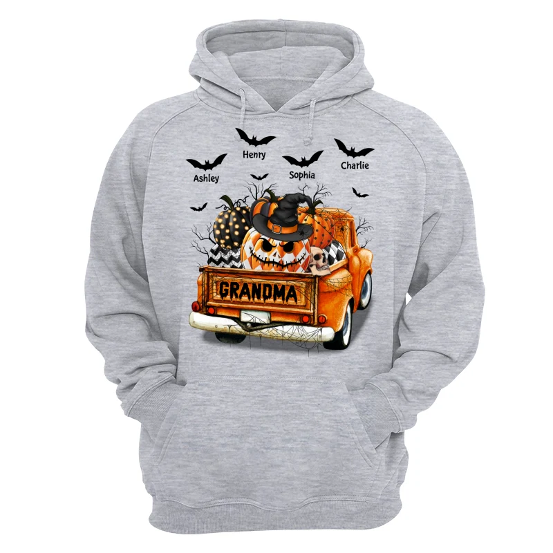 Grandma Mom Halloween Patterned Pumpkins Truck Personalized Shirt - Image 14