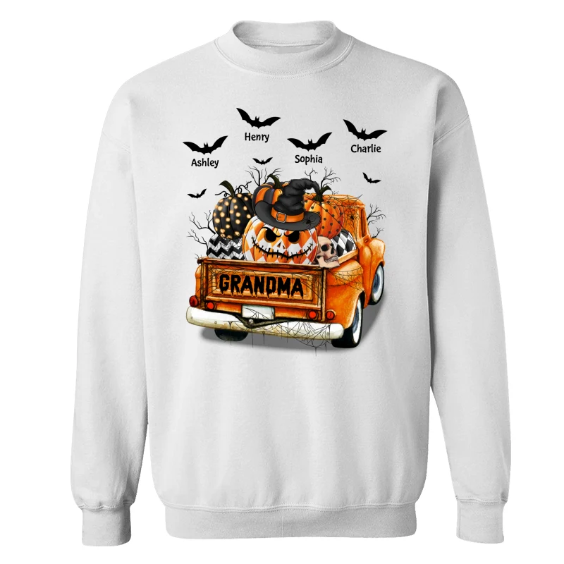 Grandma Mom Halloween Patterned Pumpkins Truck Personalized Shirt - Image 17