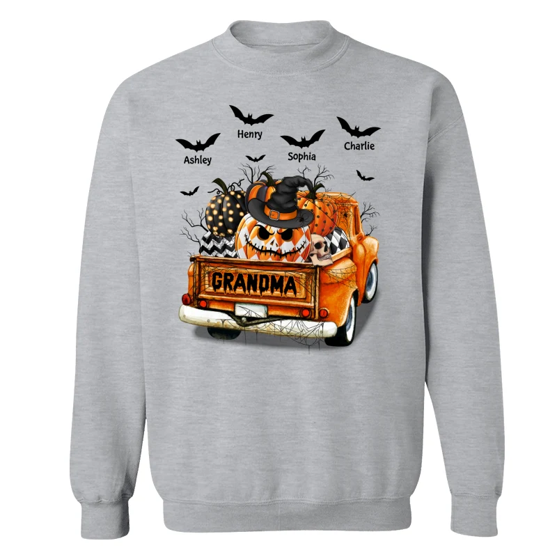 Grandma Mom Halloween Patterned Pumpkins Truck Personalized Shirt - Image 18