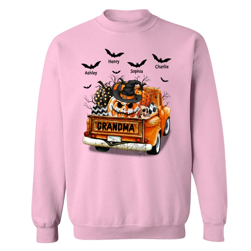 Grandma Mom Halloween Patterned Pumpkins Truck Personalized Shirt - Image 19
