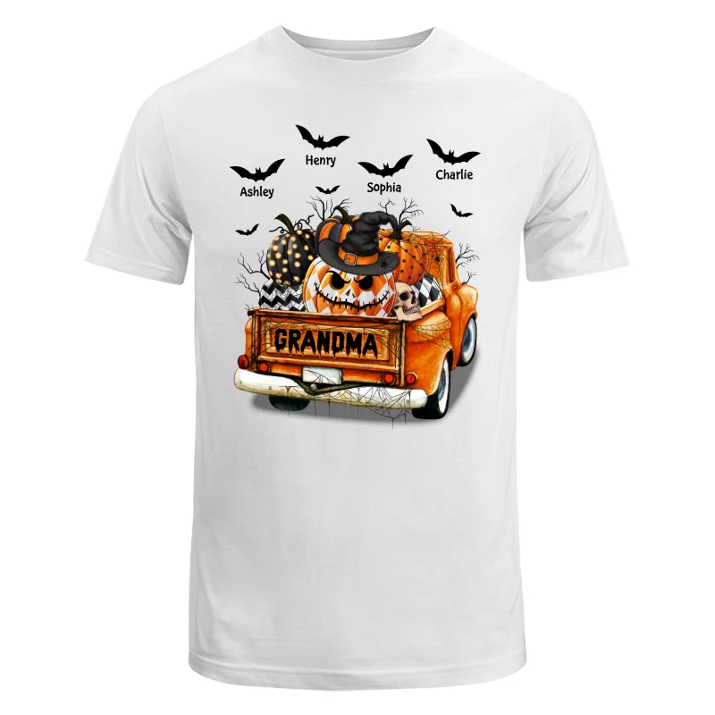 Grandma Mom Halloween Patterned Pumpkins Truck Personalized Shirt - Image 5