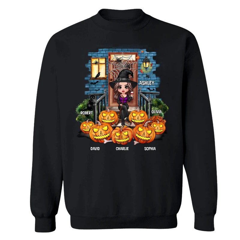 Grandma Mom Halloween Pumpkins Front Porch Personalized Shirt - Image 14