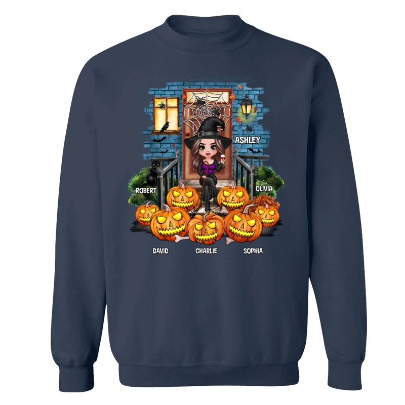 Grandma Mom Halloween Pumpkins Front Porch Personalized Shirt - Image 15