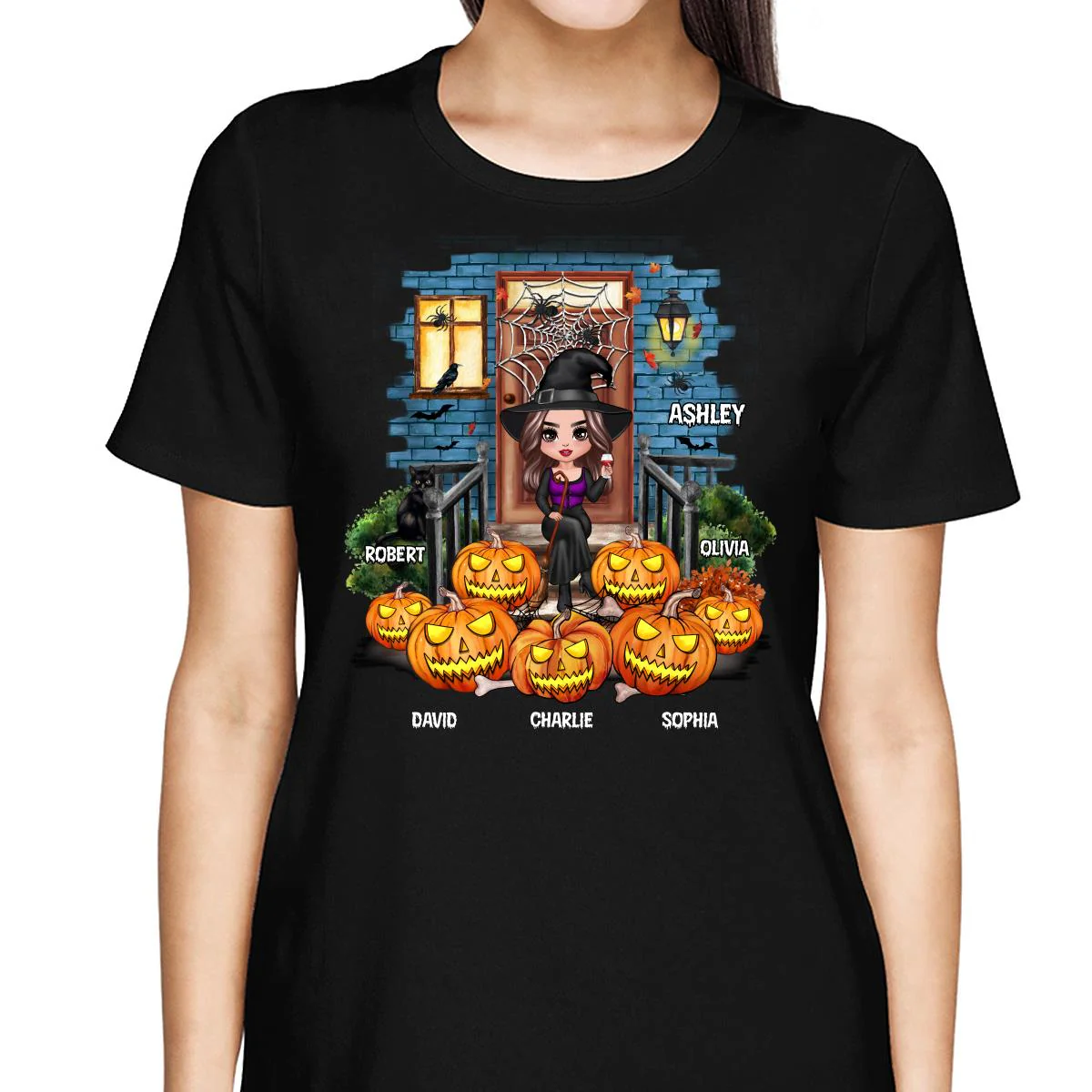Grandma Mom Halloween Pumpkins Front Porch Personalized Shirt - Image 2