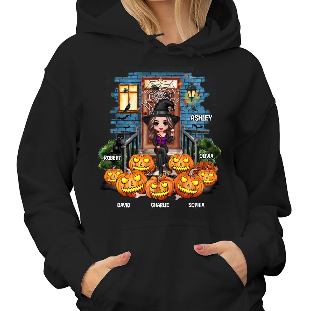 Grandma Mom Halloween Pumpkins Front Porch Personalized Shirt - Image 4