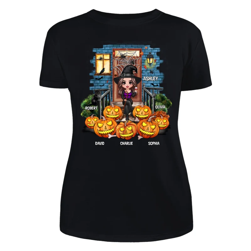 Grandma Mom Halloween Pumpkins Front Porch Personalized Shirt - Image 8