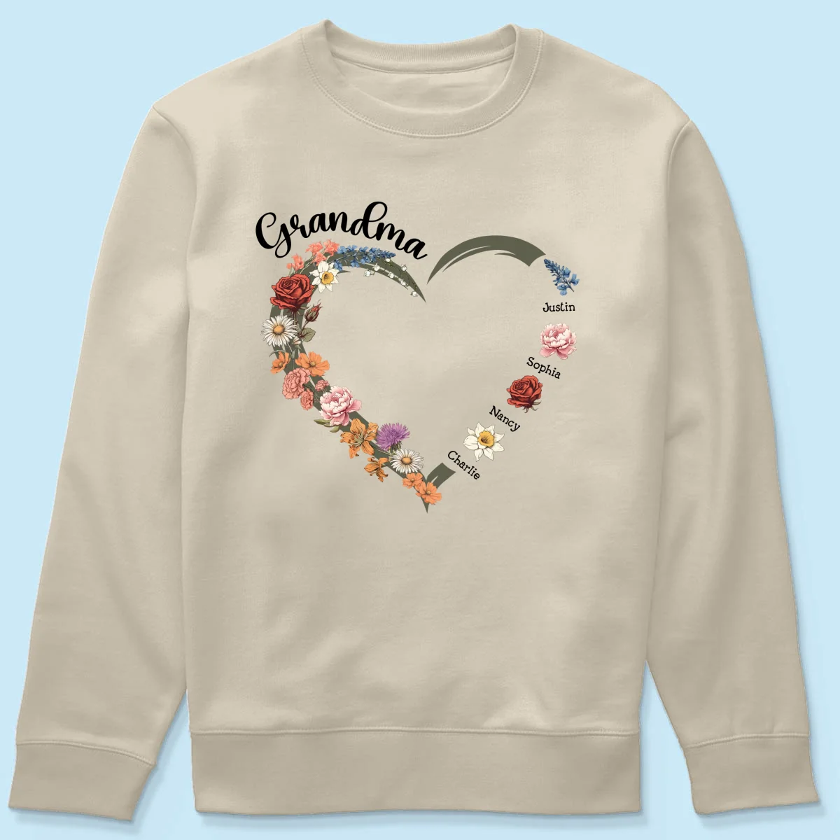 Grandma Mom Heart Birth Month Flowers Personalized Shirt - Image 17