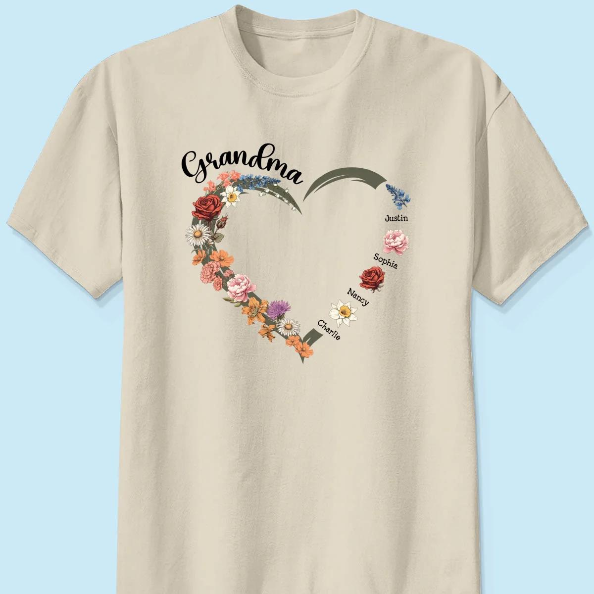Grandma Mom Heart Birth Month Flowers Personalized Shirt - Image 6