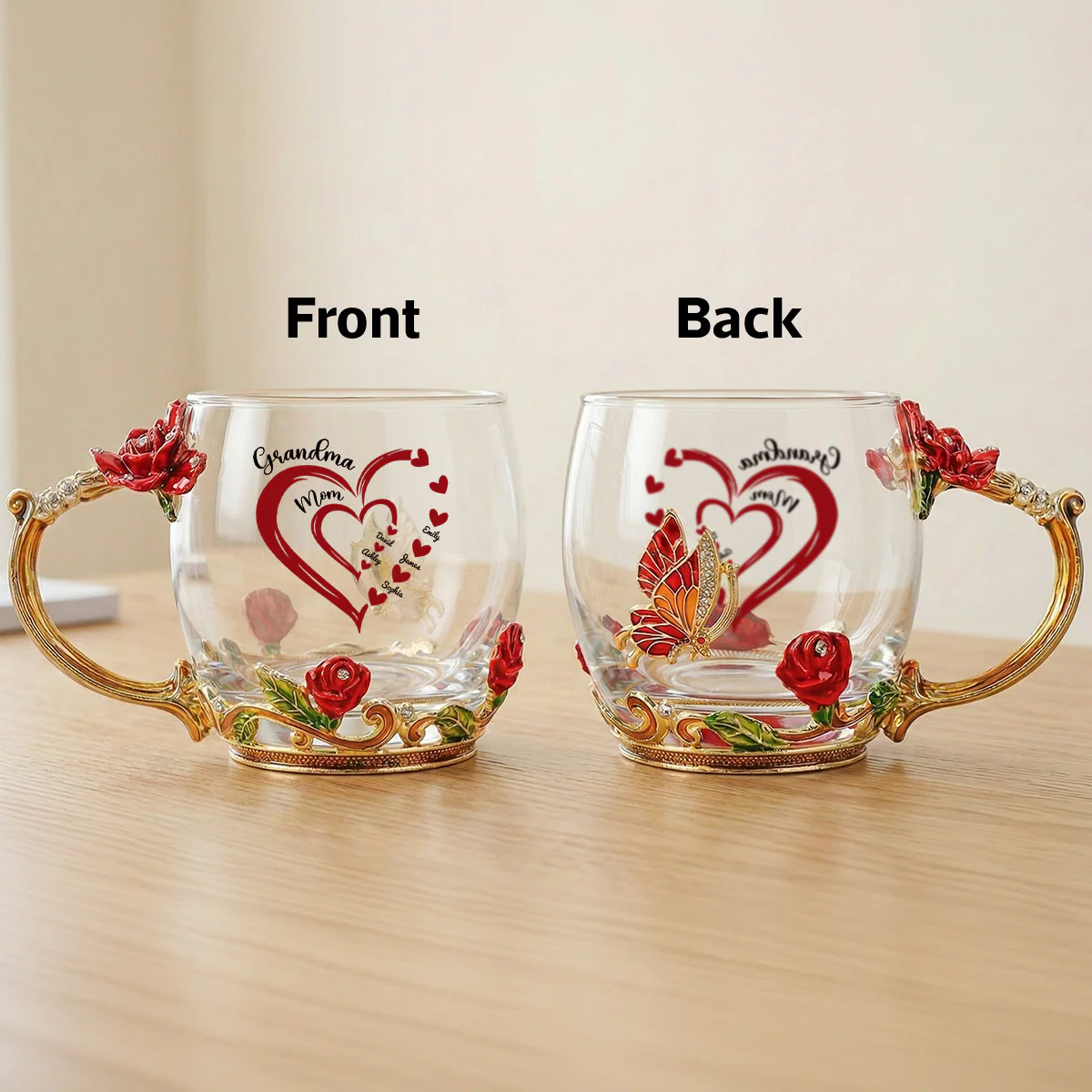 Grandma Mom Heart Custom Kids Names - Personalized Enamel Flower Tea Cup - Gift For Grandma, Mom - Image 2