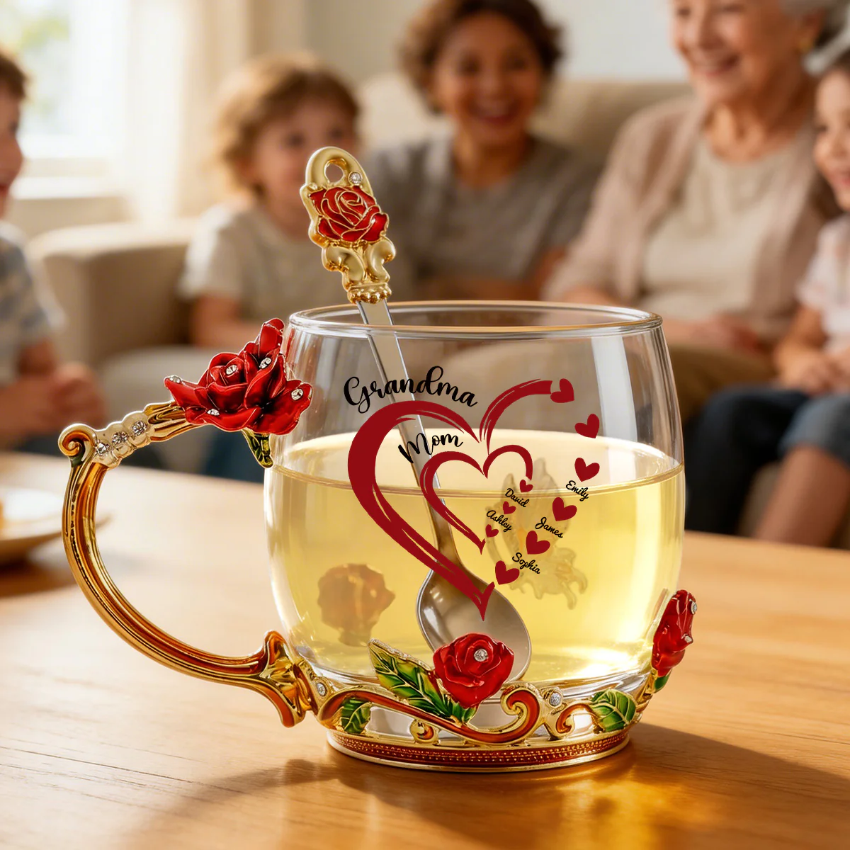 Grandma Mom Heart Custom Kids Names - Personalized Enamel Flower Tea Cup - Gift For Grandma, Mom - Image 3