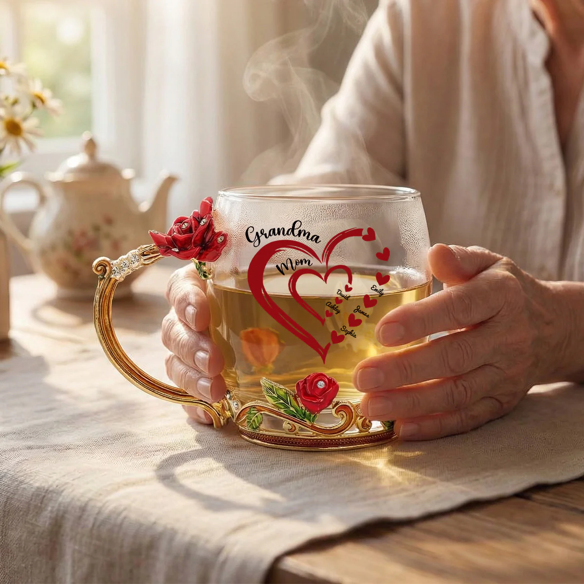 Grandma Mom Heart Custom Kids Names - Personalized Enamel Flower Tea Cup - Gift For Grandma, Mom - Image 5