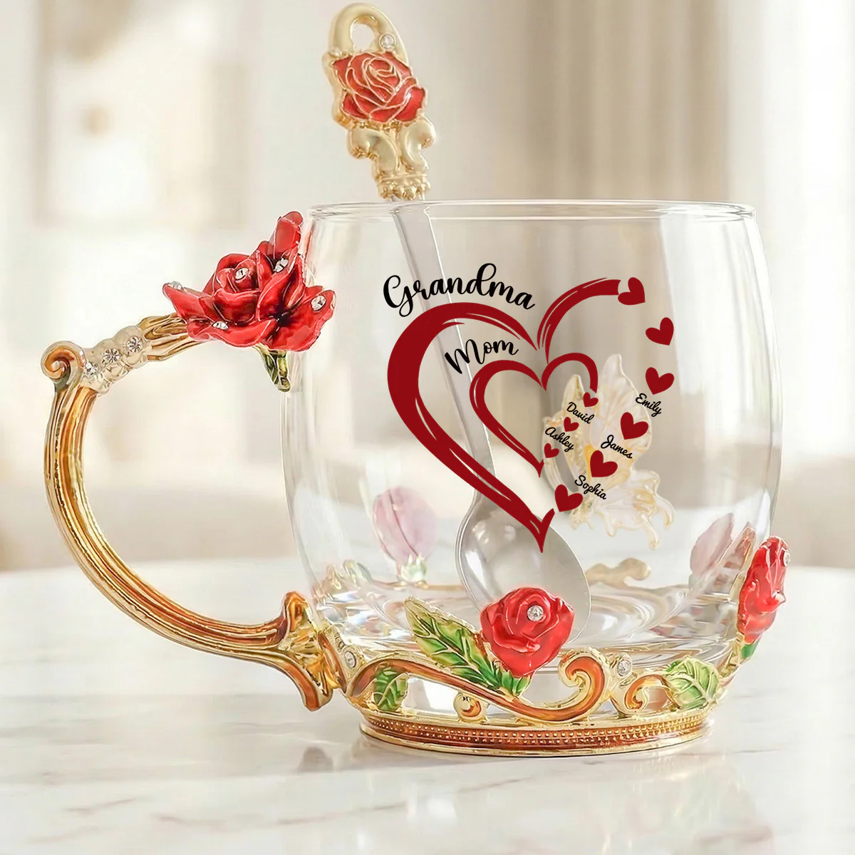 Grandma Mom Heart Custom Kids Names - Personalized Enamel Flower Tea Cup - Gift For Grandma, Mom - Image 7