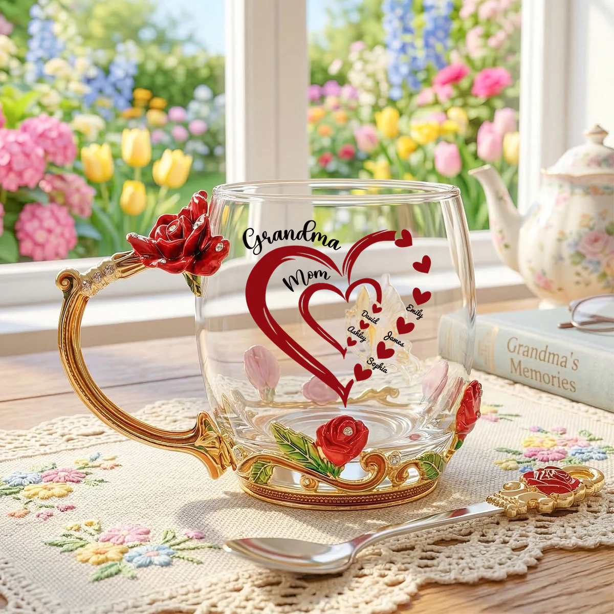 Grandma Mom Heart Custom Kids Names - Personalized Enamel Flower Tea Cup - Gift For Grandma, Mom - Image 8