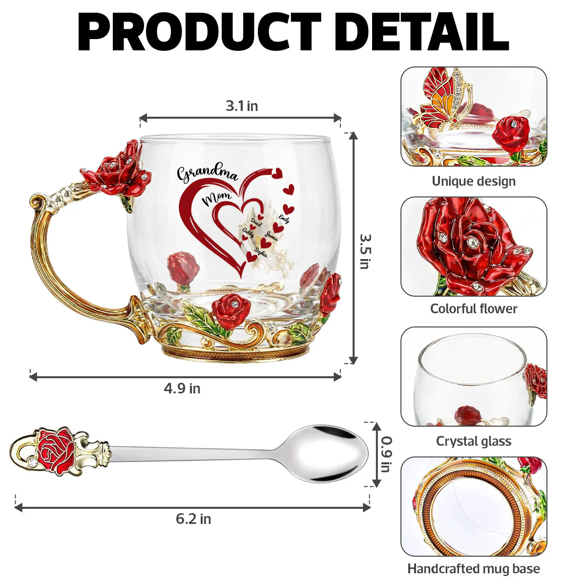 Grandma Mom Heart Custom Kids Names - Personalized Enamel Flower Tea Cup - Gift For Grandma, Mom - Image 9