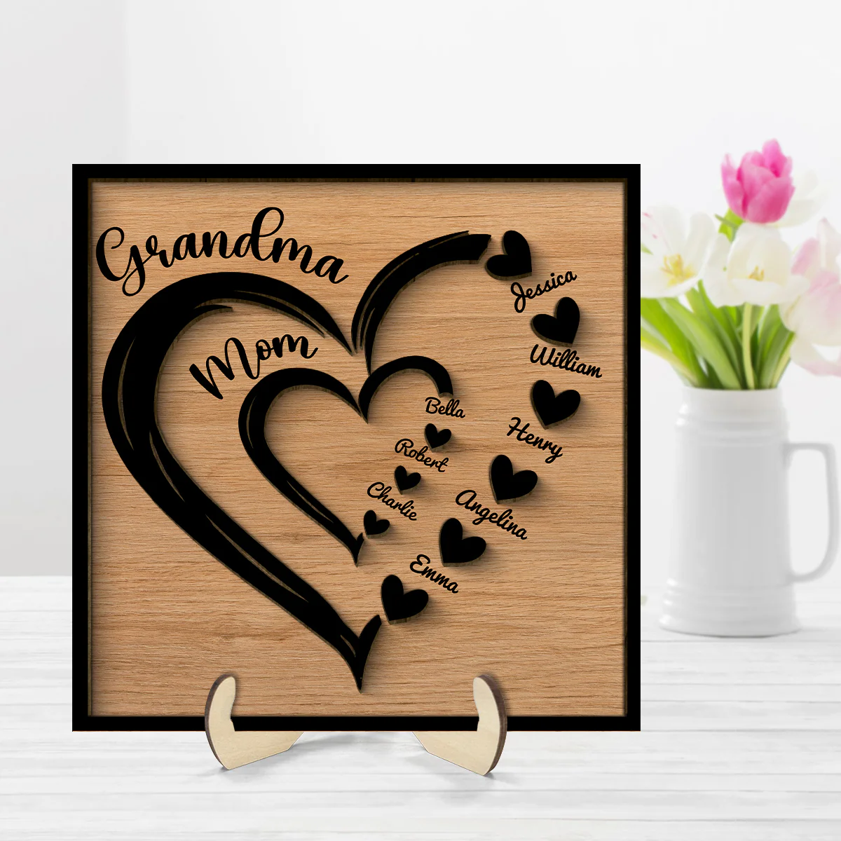 Grandma Mom Heart In Heart Personalized 2-layer Wooden Plaque, Gift For Mom - Image 2