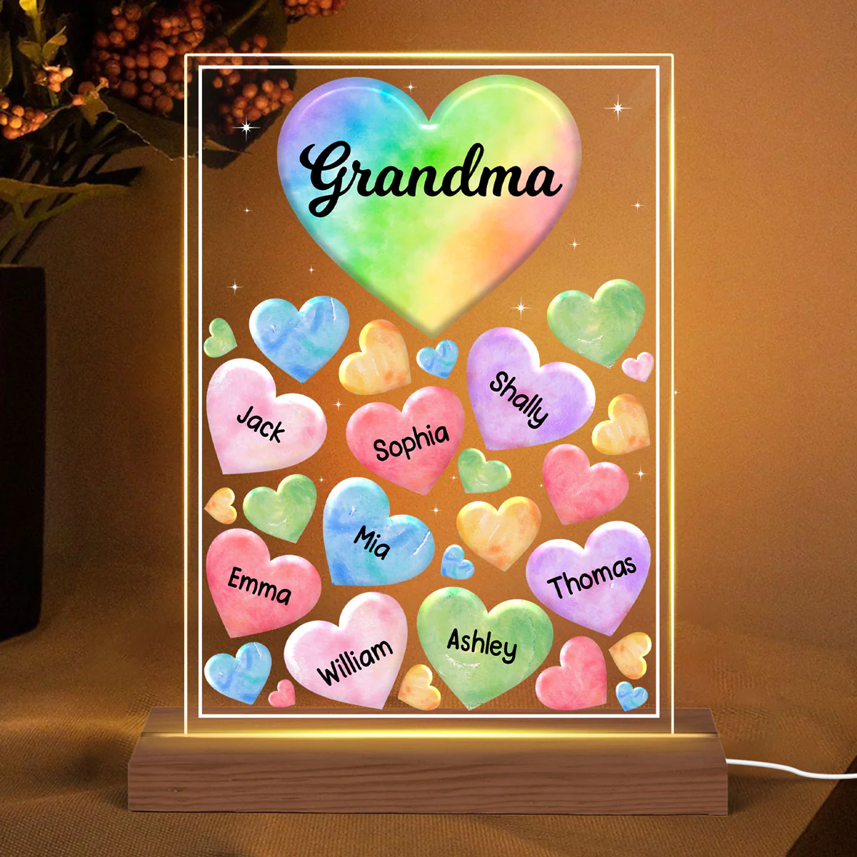 Grandma Mom Hearts Colorful Watercolor Personalized Acrylic LED Night Light