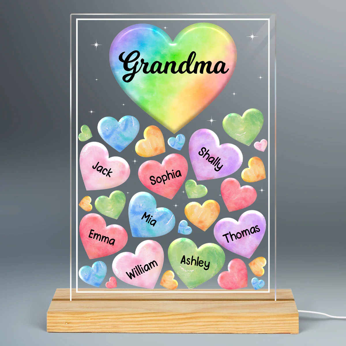 Grandma Mom Hearts Colorful Watercolor Personalized Acrylic LED Night Light - Image 2