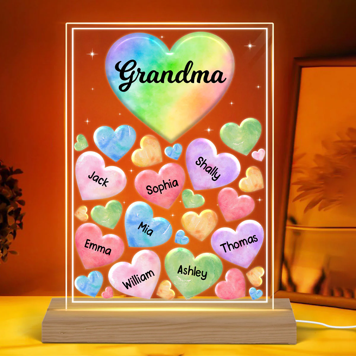 Grandma Mom Hearts Colorful Watercolor Personalized Acrylic LED Night Light - Image 3