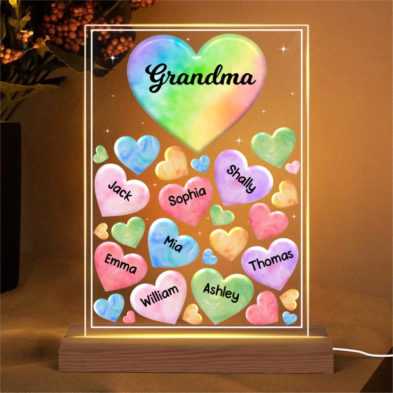 Grandma Mom Hearts Colorful Watercolor Personalized Acrylic LED Night Light - Image 4