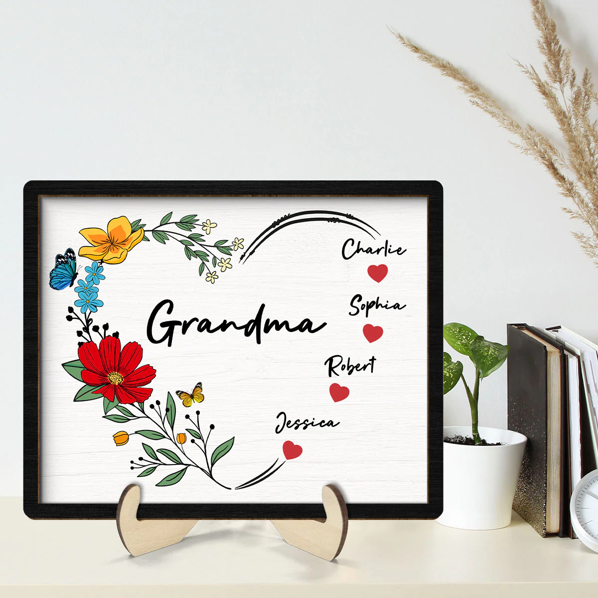 Grandma Mom Hearts Flower Kids Names Personalized 2-layer Wooden Plaque - Image 2