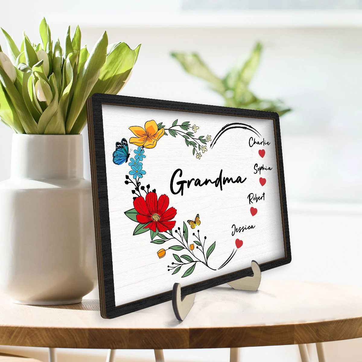 Grandma Mom Hearts Flower Kids Names Personalized 2-layer Wooden Plaque - Image 3