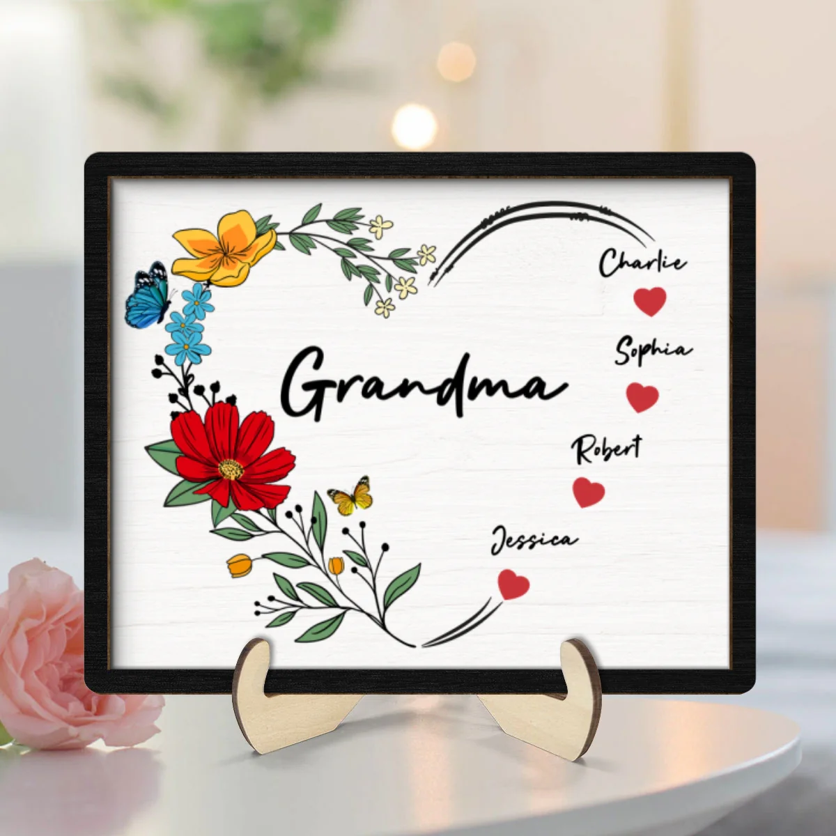 Grandma Mom Hearts Flower Kids Names Personalized 2-layer Wooden Plaque - Image 8