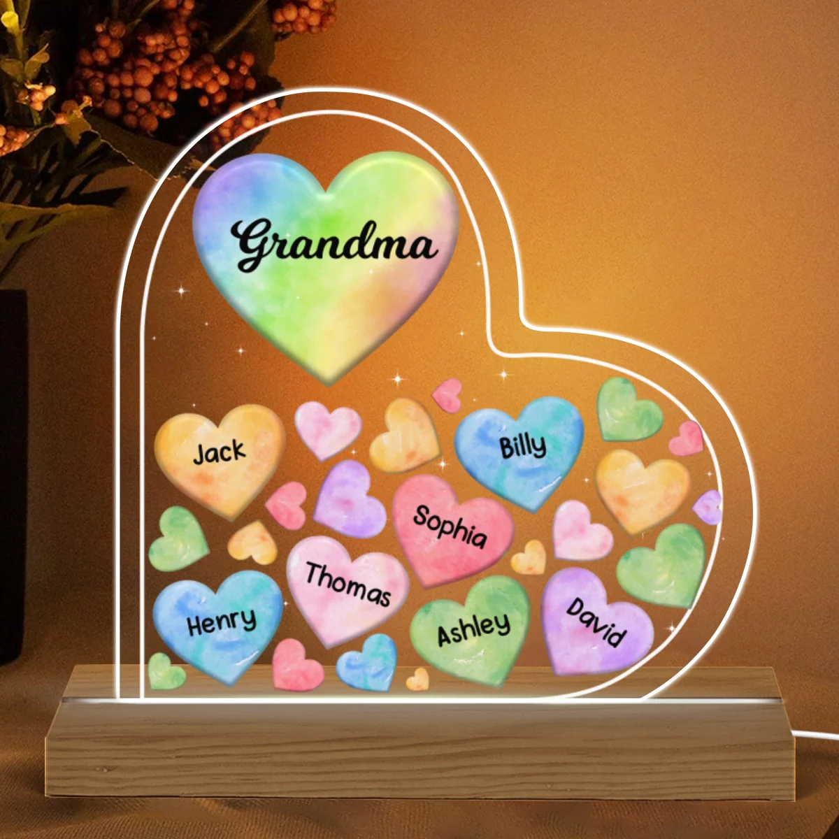 Grandma Mom Hearts In Heart Personalized Custom Shape Acrylic LED Night Light - Image 5