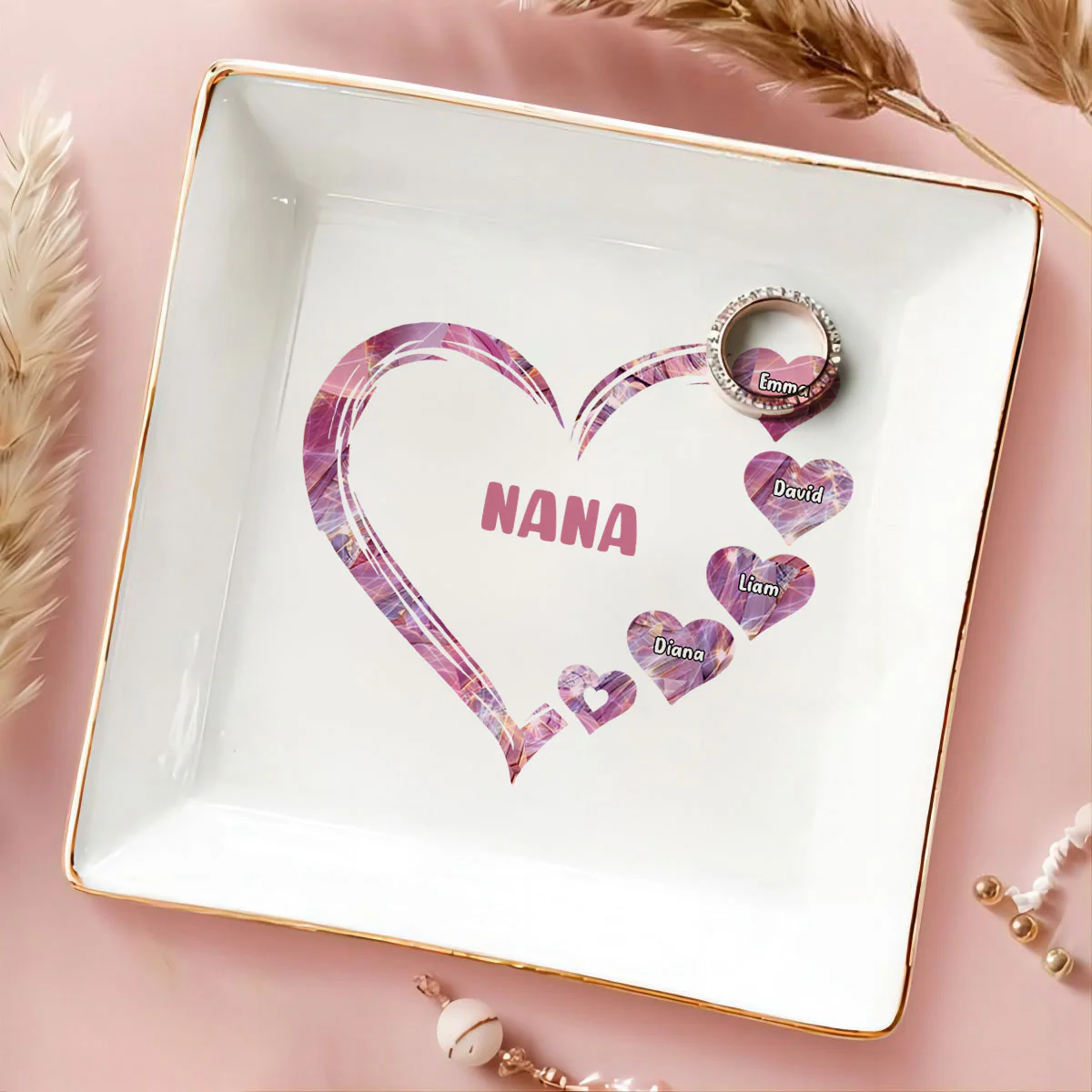 Grandma Mom Hearts Marble Patterned Personalized Jewelry Dish, Birthday Gift for Grandma, Christmas Gift - Image 3