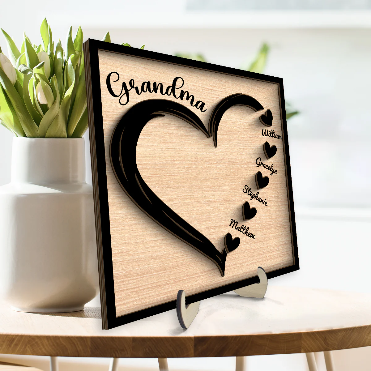 Grandma Mom Hearts With Kids Names Personalized 2-layer Wooden Plaque - Image 3